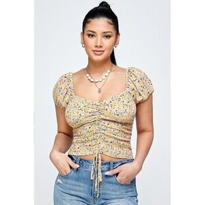 Blush BJ Yellow Floral Off Shoulder‎ Ruched Top Medium NWT Cottagecore Y2K